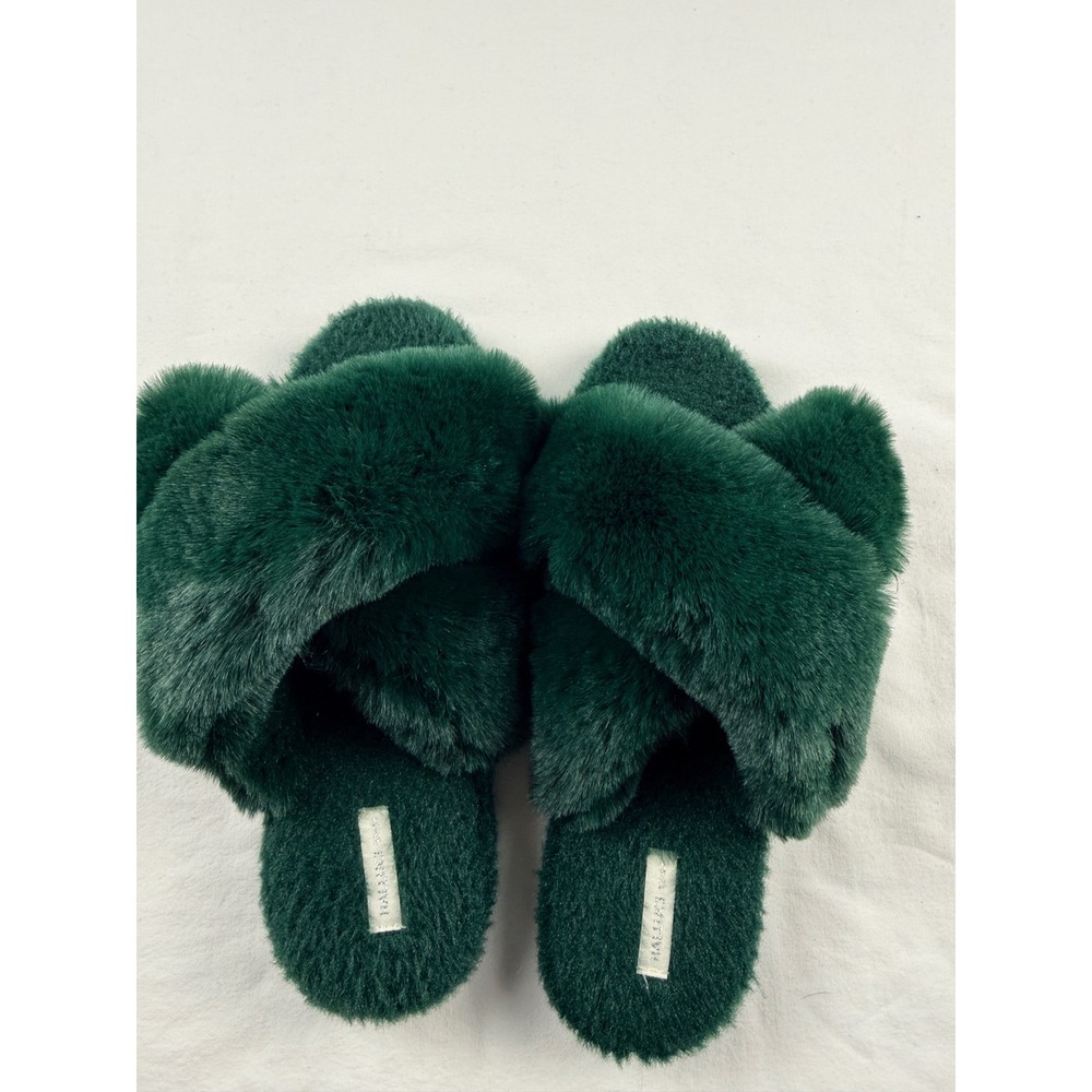 Halluci Women Forest Green Faux Rabbit Fur Cross Band Memory Foam Slippers Sz 42